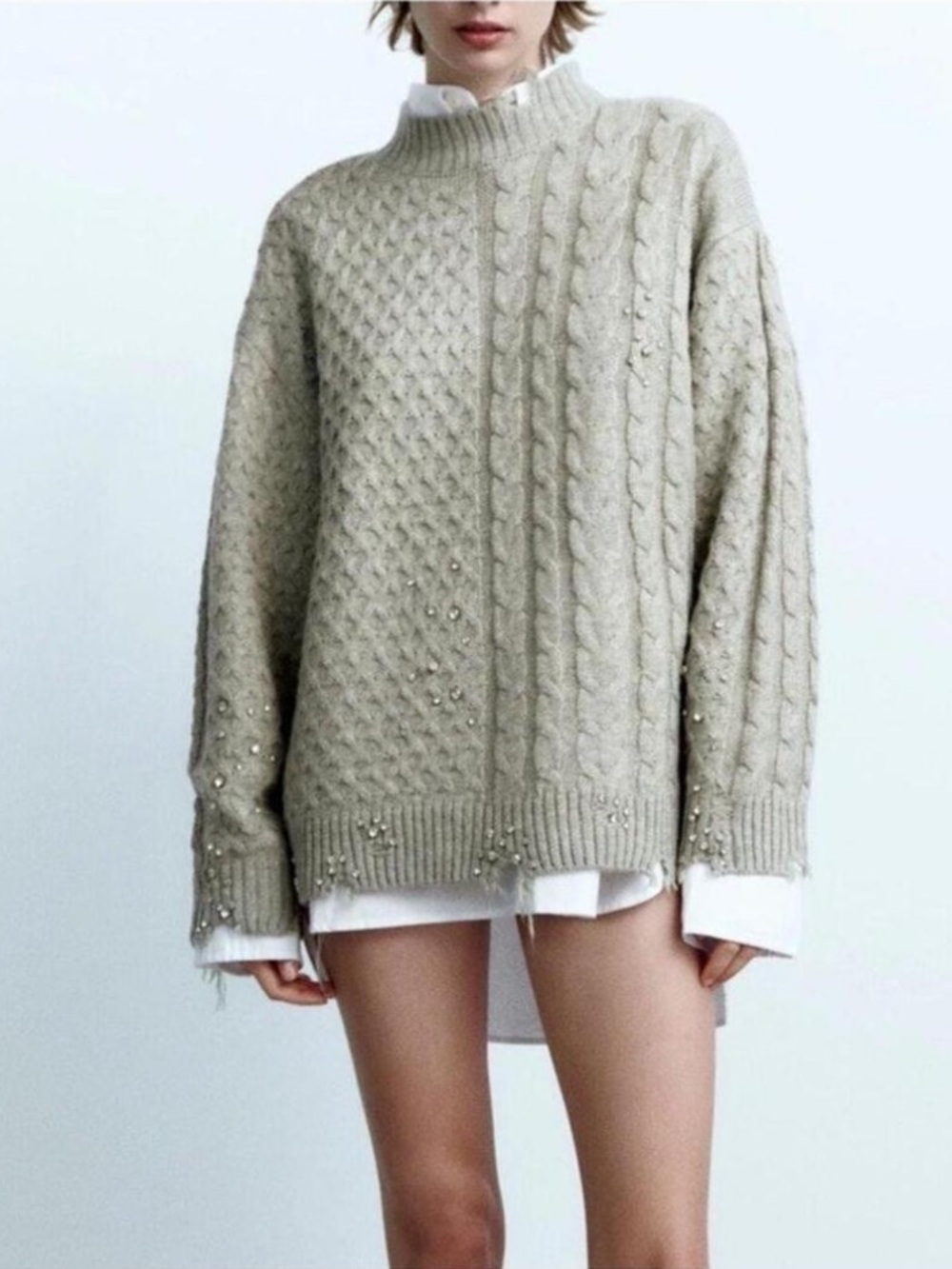 ZARA High Neck Ripped Cable Knit with Studs Rhinestone Mock Neck Sweater.